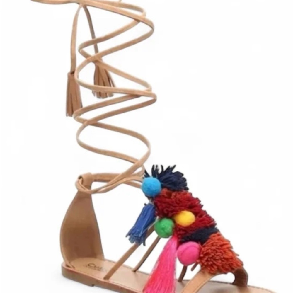 Catherine Malandrino Goodnessi Pomisha Multicolor Pom Pom Lace-Up Sandals size 8